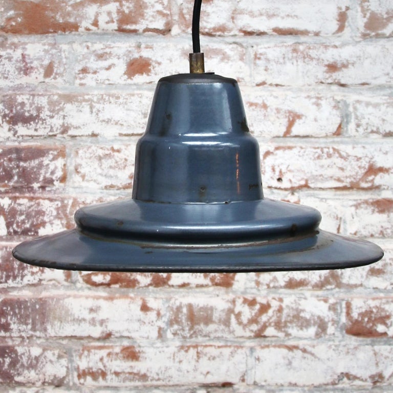 Blue Enamel Vintage Industrial Factory Hanging Light Pendant For Blue Enamel Vintage Industrial Factory Hanging Light Pendant In Good Condition For Amsterdam