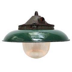 Green Enamel Vintage Industrial Cast Iron Holophane Glass Pendant Lamps