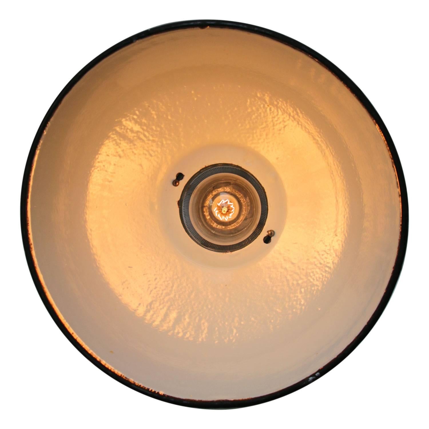 Cast Green Enamel Vintage Industrial Holophane Glass Pendant Light