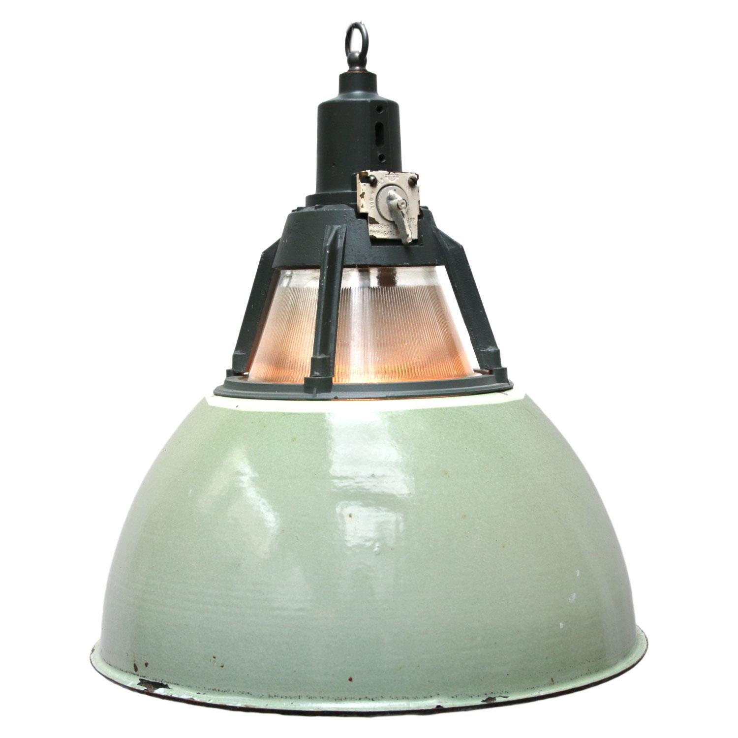 Green Vintage Industrial Holophane Glass Pendant Light