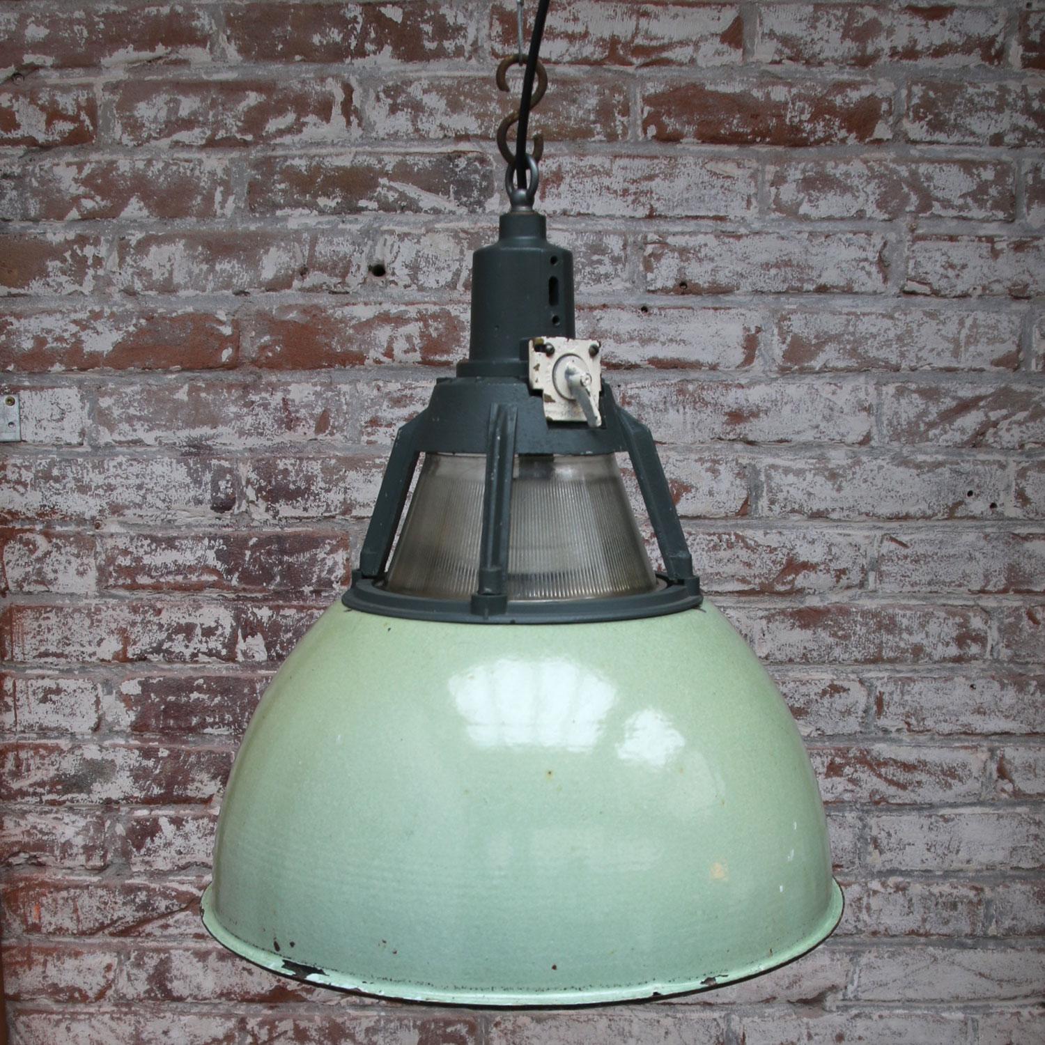 Cast Green Vintage Industrial Holophane Glass Pendant Light