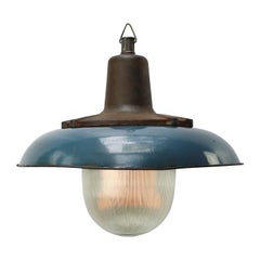 Two blue Enamel Vintage Industrial Cast Iron Holophane Glass Pendant Lamps