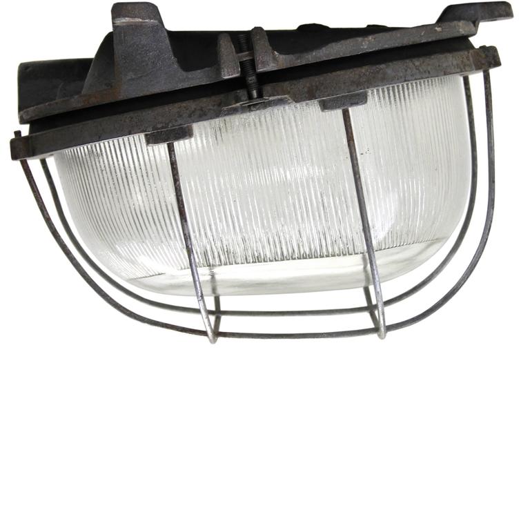 Cast Iron Vintage Industrial Wall Lamp Holophane glass (44x) For Sale at 1stdibs