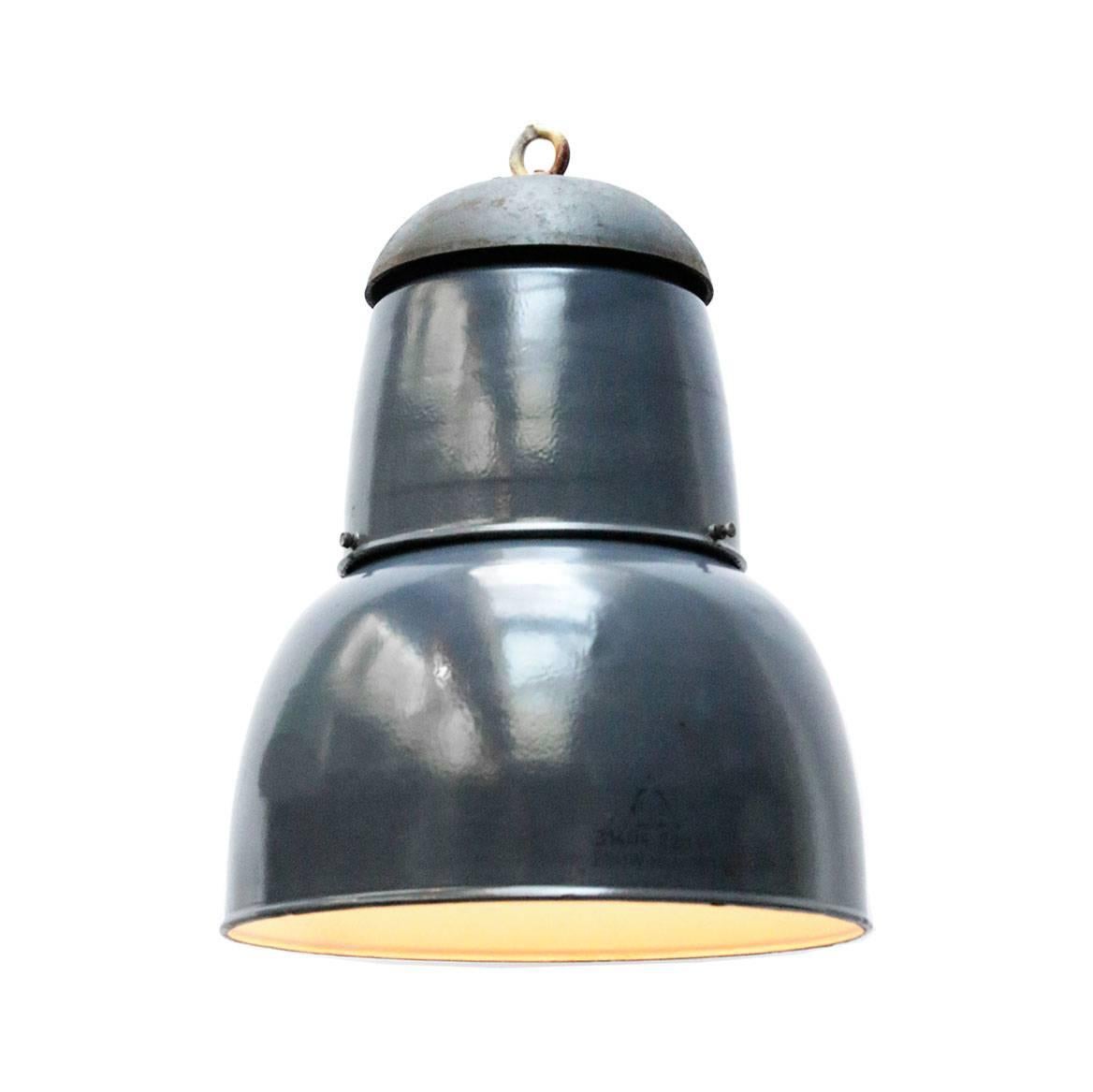 Dark blue enamel Industrial pendant with white interior. 

Weight: 7.0 kg / 15.4 lb, 

Priced per individual item. All lamps have been made suitable by international standards for incandescent light bulbs, energy-efficient and LED bulbs. E26/E27