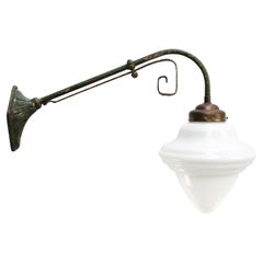 French Art Nouveau Green Cast Iron Opaline Glass Wall Light