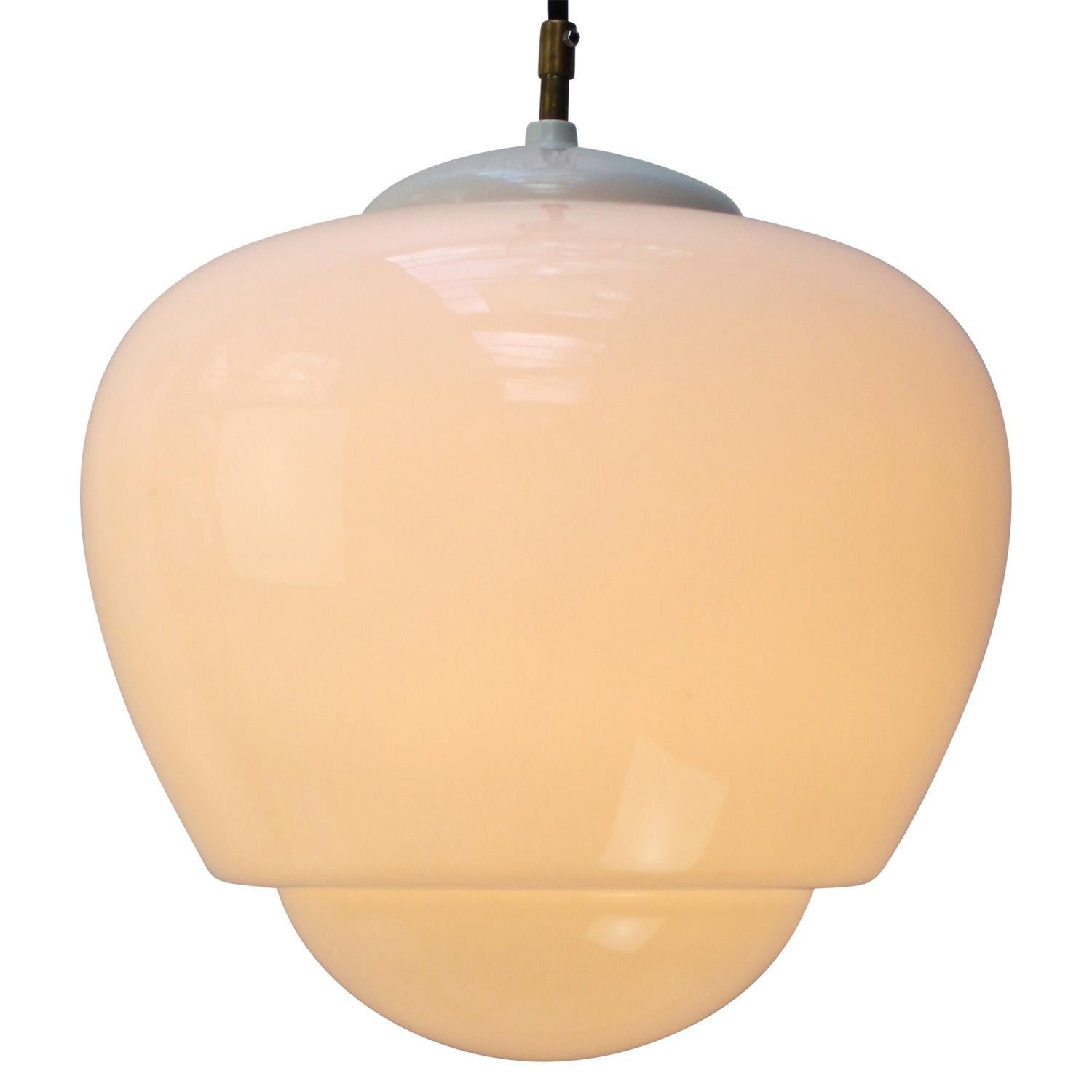 Ciondolo in vetro opalino
Parte superiore in bachelite bianca
2 metri di filo nero

Peso: 2,00 kg / 4,4 lb

Prezzo per singolo articolo. Tutte le lampade sono state rese idonee dagli standard internazionali per le lampadine a incandescenza, a