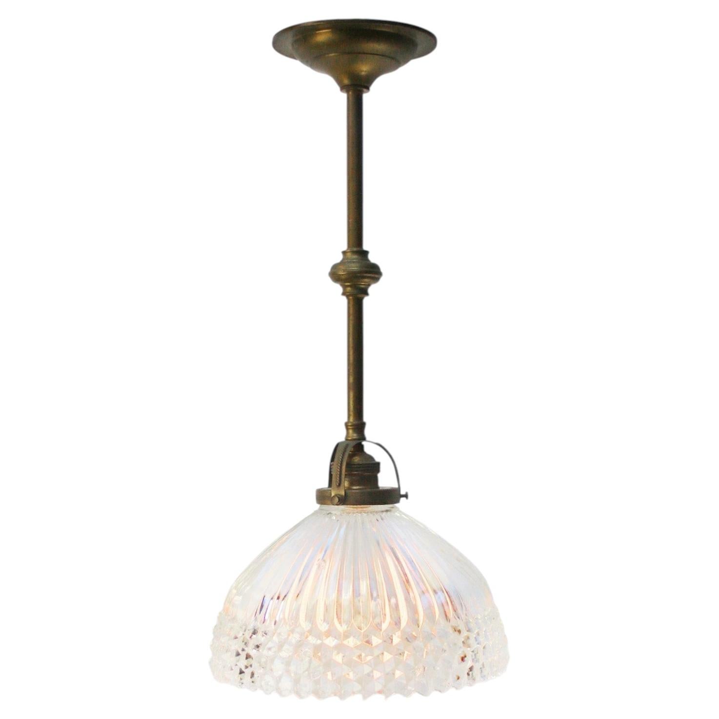 Lámpara de pared y colgante francesa de latón y cristal Holophane en venta
