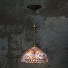 French Brass and Holophane Glass Flush Mount, Pendant Light