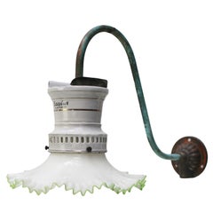 Opaline Glass, Copper Green and Enamel Converted Gas Wall Lamp, Sconce, ca 1900s
