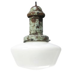 French Aged Copper and White Opaline Glass Pendant Light