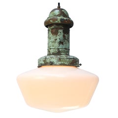 French Aged Copper and White Opaline Glass Pendant Light