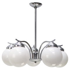 French Art Deco 5 Arm Nickel Plated, White Opaline Glass Globe Pendant Light