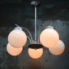 French Art Deco 5 Arm Nickel Plated, White Opaline Glass Globe Pendant Light