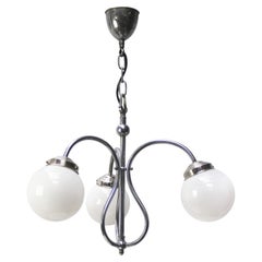 French Art Deco 3 Arm Nickel Plated, White Opaline Glass Globe Pendant Light