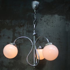 French Art Deco 3 Arm Nickel Plated, White Opaline Glass Globe Pendant Light