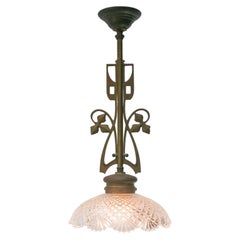 Luminaire Art nouveau français en laiton et verre Holophane, à encastrer ou en suspension