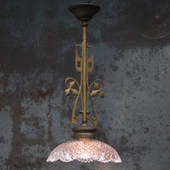 Luminaire Art nouveau français en laiton et verre Holophane, à encastrer ou en suspension