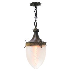 Antike französische Pendelleuchte aus Kupfer und Messing mit geschliffenem Glas, ca. 1910
