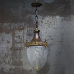 Antike französische Pendelleuchte aus Kupfer und Messing mit geschliffenem Glas, ca. 1910