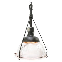 Lampada a sospensione industriale in vetro Prisma trasparente pressato di grandi dimensioni di Holophane, USA