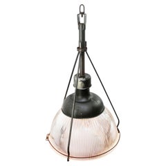 Lampada a sospensione industriale in vetro Prisma trasparente pressato di grandi dimensioni di Holophane, USA
