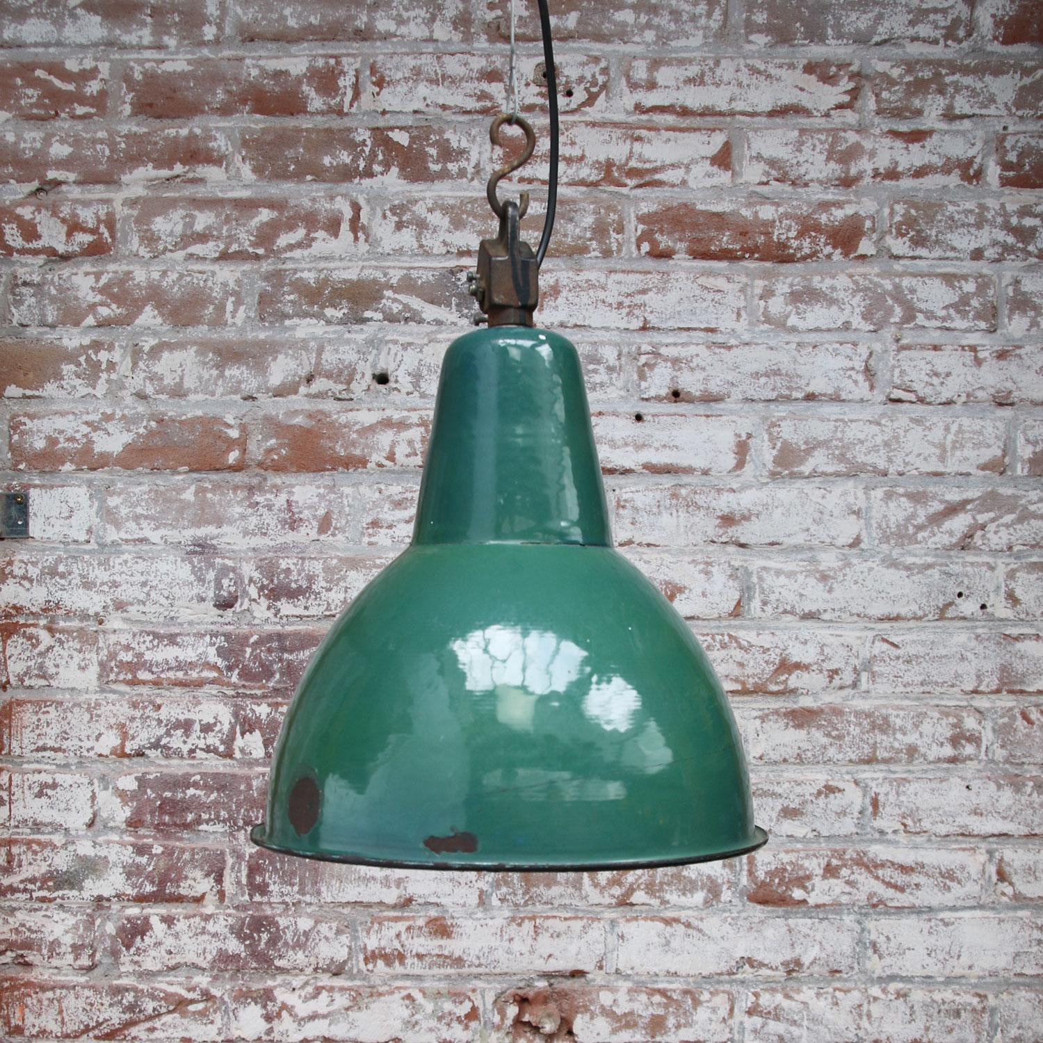 Petrol Enamel Vintage Industrial Hanging Light (2x) In Good Condition In Amsterdam, NL