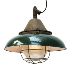 Large Cast Iron Industrial Factory Pendant Striped Glass Enamel Shade