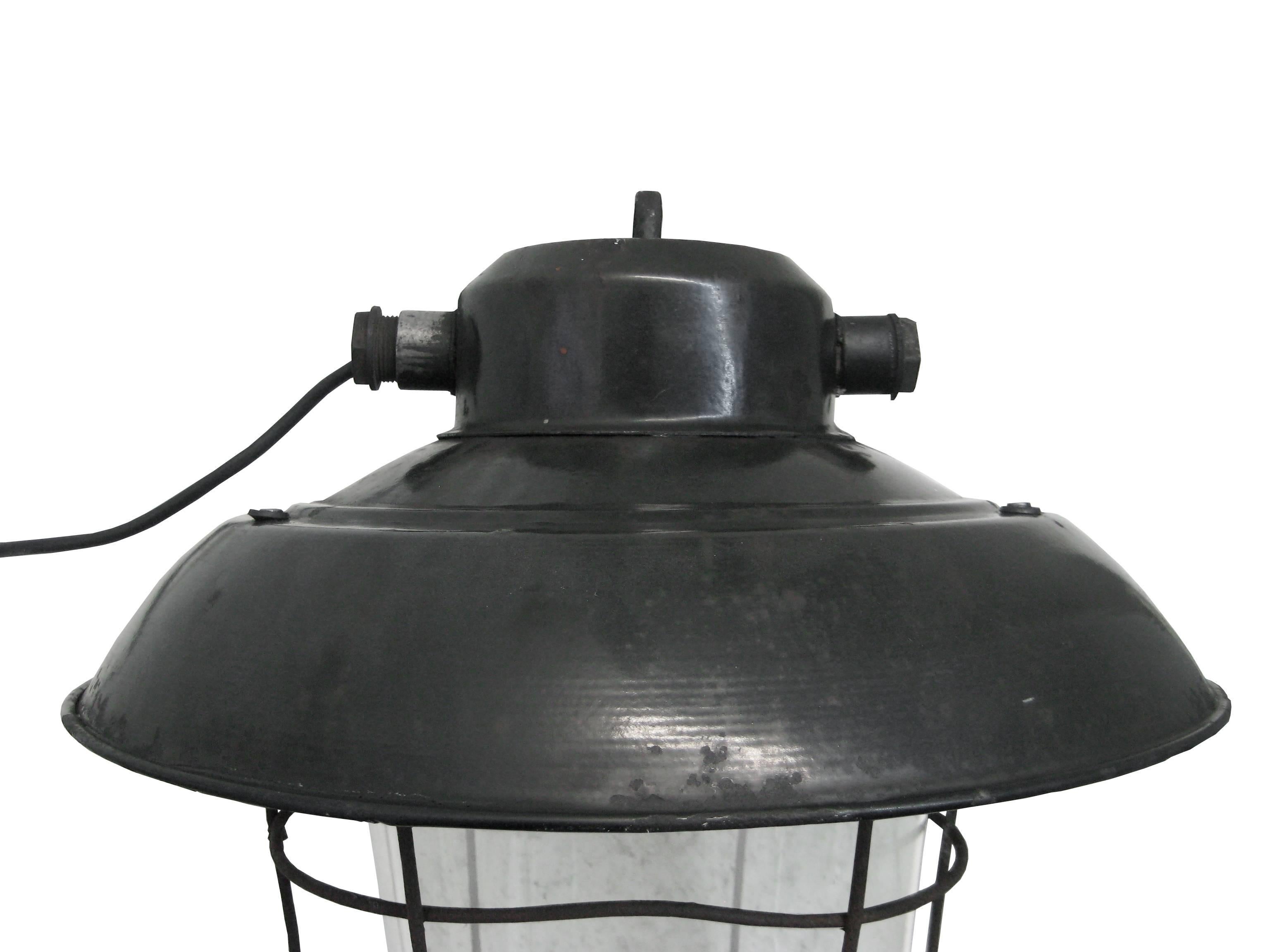 20th Century Black Enamel Semi Frosted Clear Glass Vintage Industrial Lamp Pendant