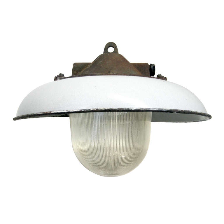White enamel Industrial lamp. With Holophane glass. 

weight 6.0 kg / 13.2 lb. 

Priced per individual item. All lamps have been made suitable by international standards for incandescent light bulbs, energy-efficient and LED bulbs. E26/E27 bulb