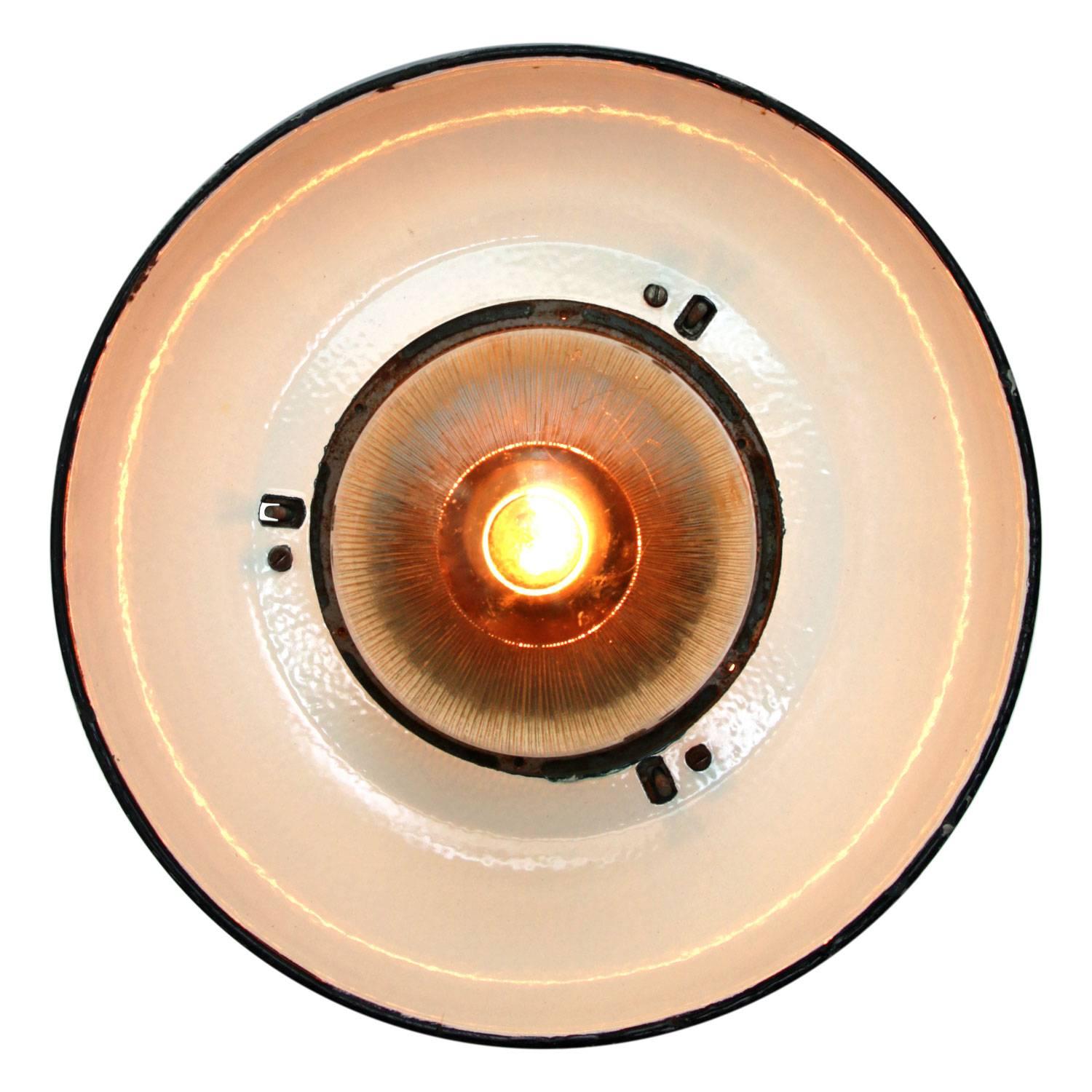 Polish White Enamel Vintage Industrial Cast Iron Holophane Glass Pendant Lamps