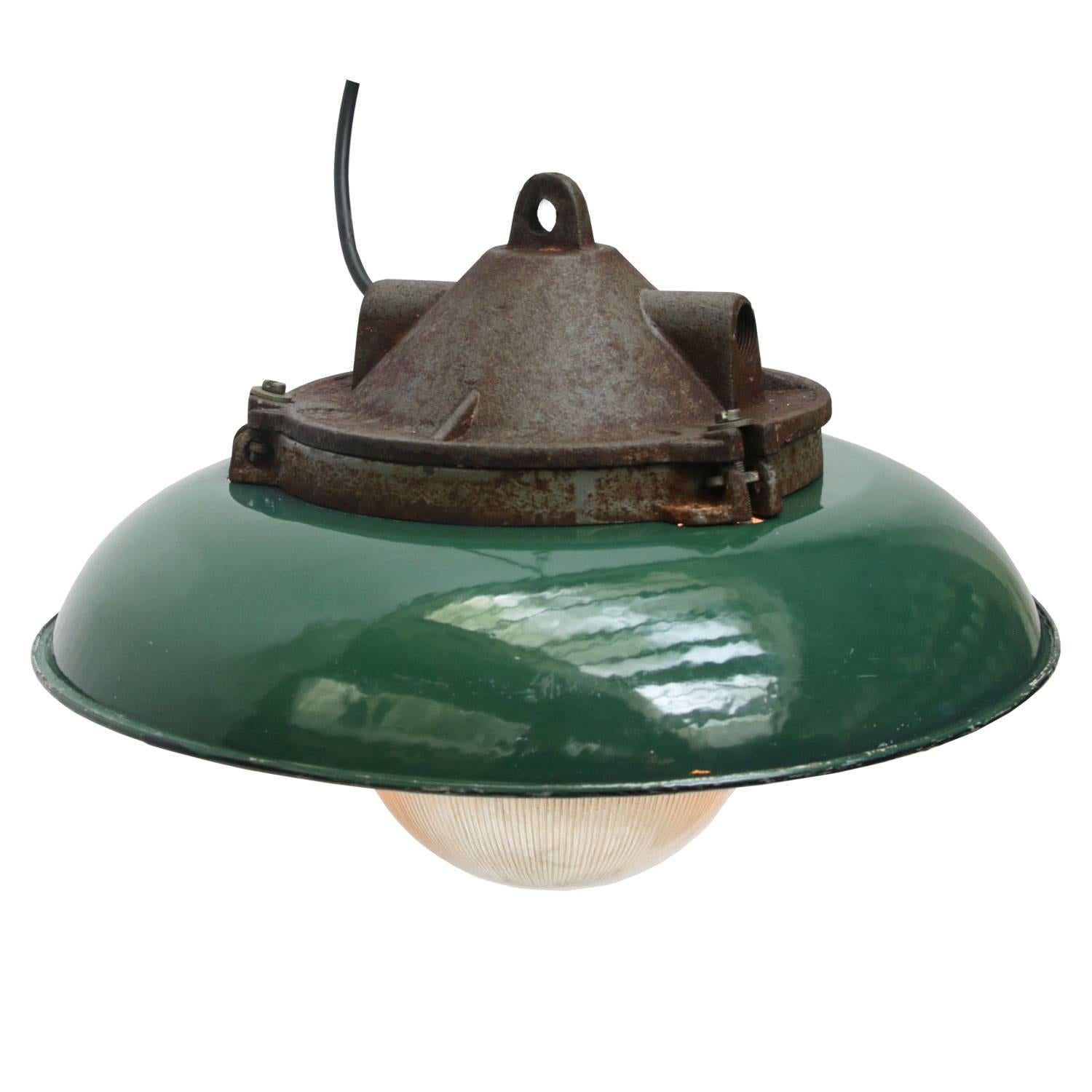 Green enamel industrial lamp. With Holophane glass. 

Weight 6.0 kg / 13.2 lb. 

All lamps have been made suitable by international standards for incandescent light bulbs, energy-efficient and LED bulbs with an E26/E27 socket, new wiring CE