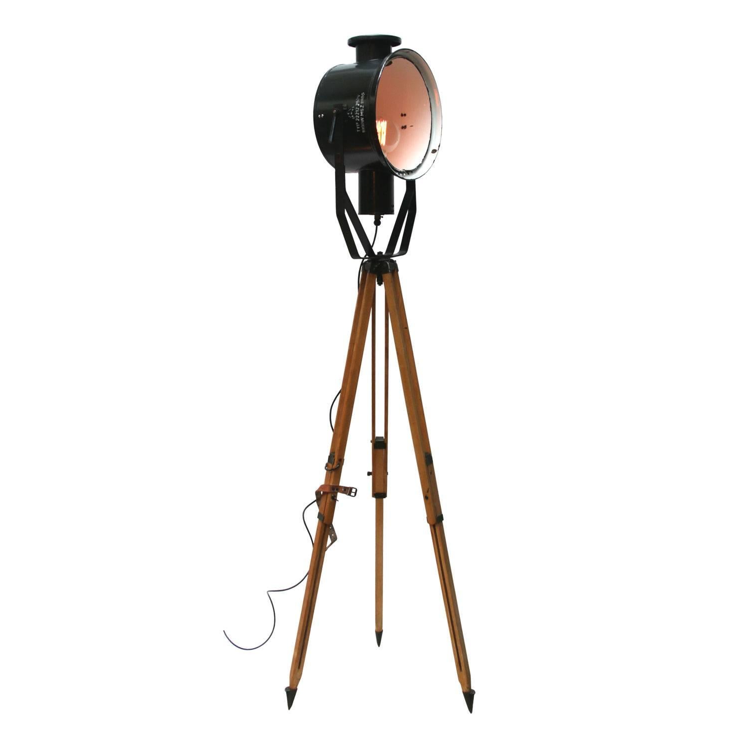 Wooden Tripod Floor Lamp Black Enamel Industrial Spot Light