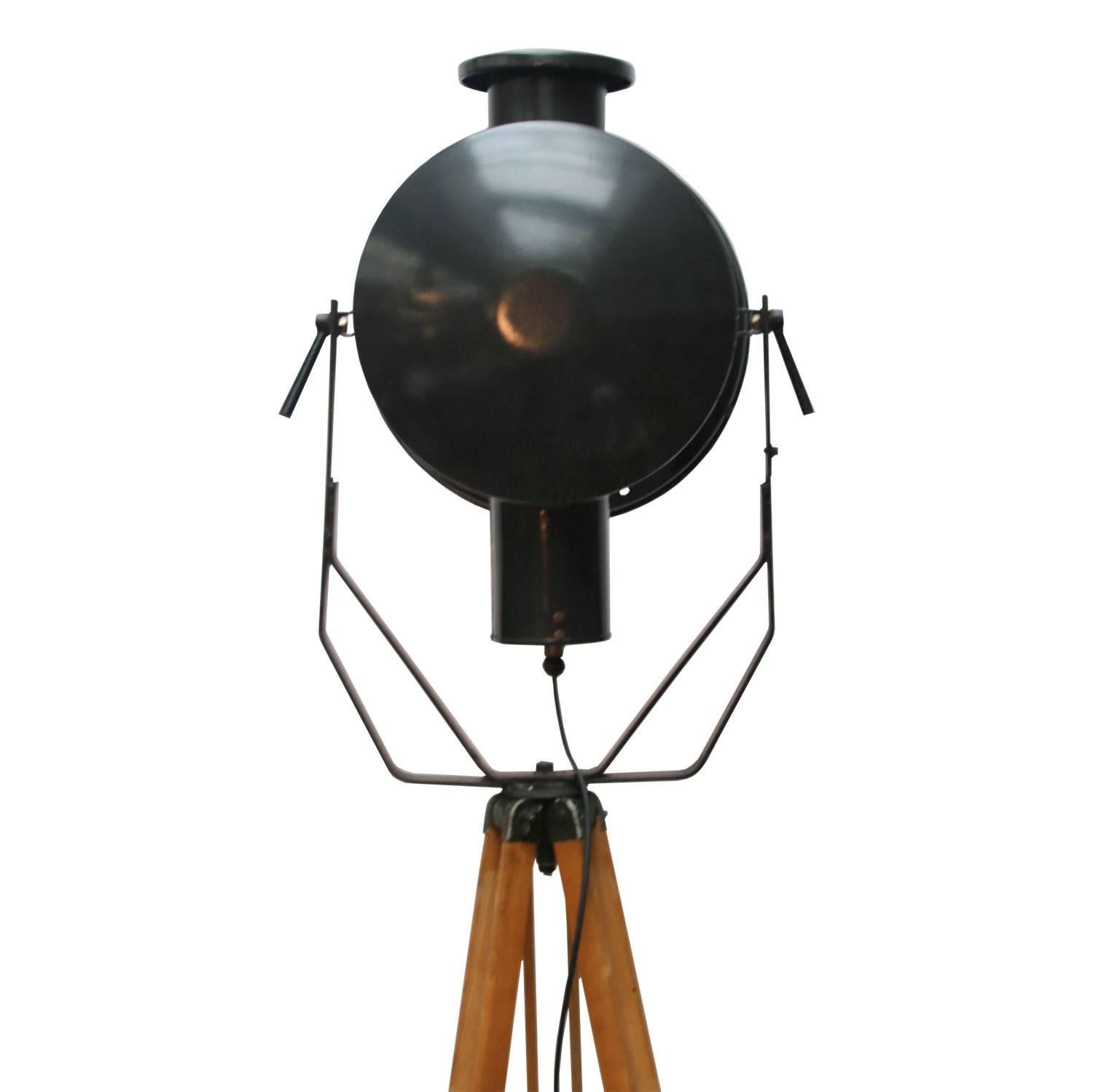 Czech Wooden Tripod Floor Lamp Black Enamel Industrial Spot Light