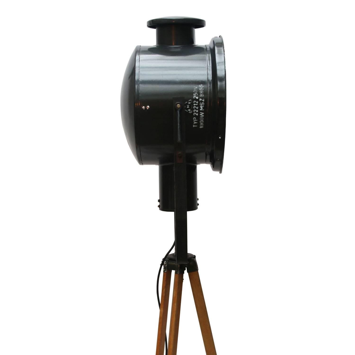 Wooden Tripod Floor Lamp Black Enamel Industrial Spot Light 1