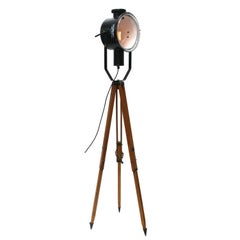 Vintage Wooden Tripod Floor Lamp Black Enamel Rounded clear glass Industrial Spot Light