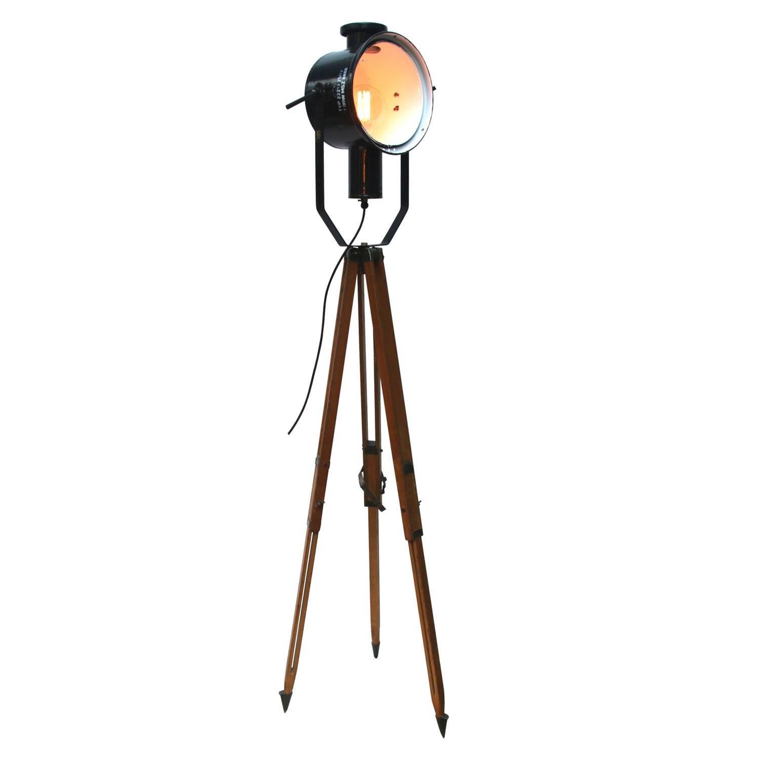 Wooden Tripod Floor Lamp Black Enamel Industrial Spot Light
