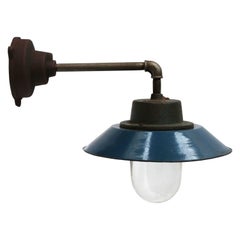 Blue Enamel Vintage Industrial Wall Lamp Cast Iron Arm Clear Glass