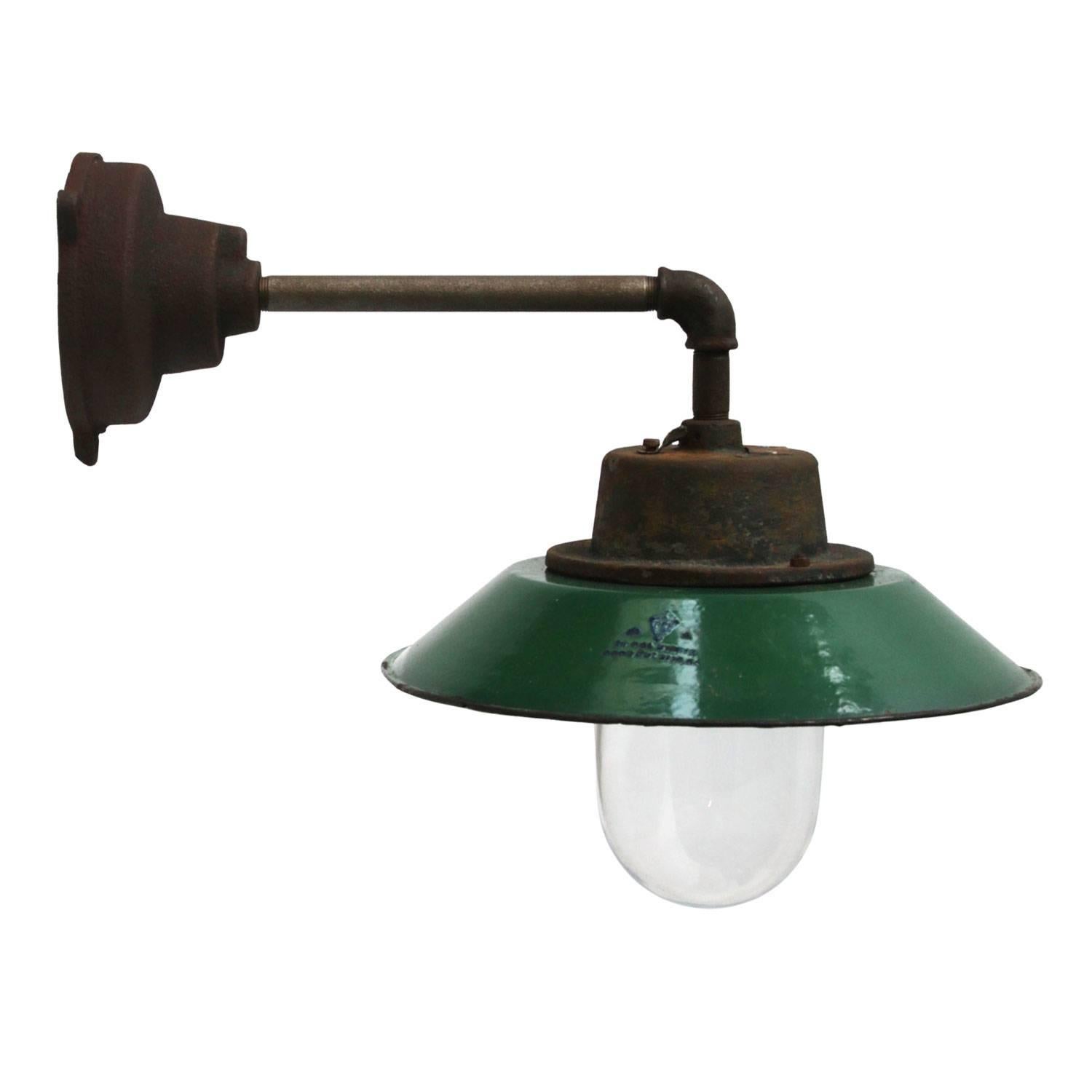 Green Enamel Vintage Industrial Wall Lamp Cast Iron Arm Clear Glass