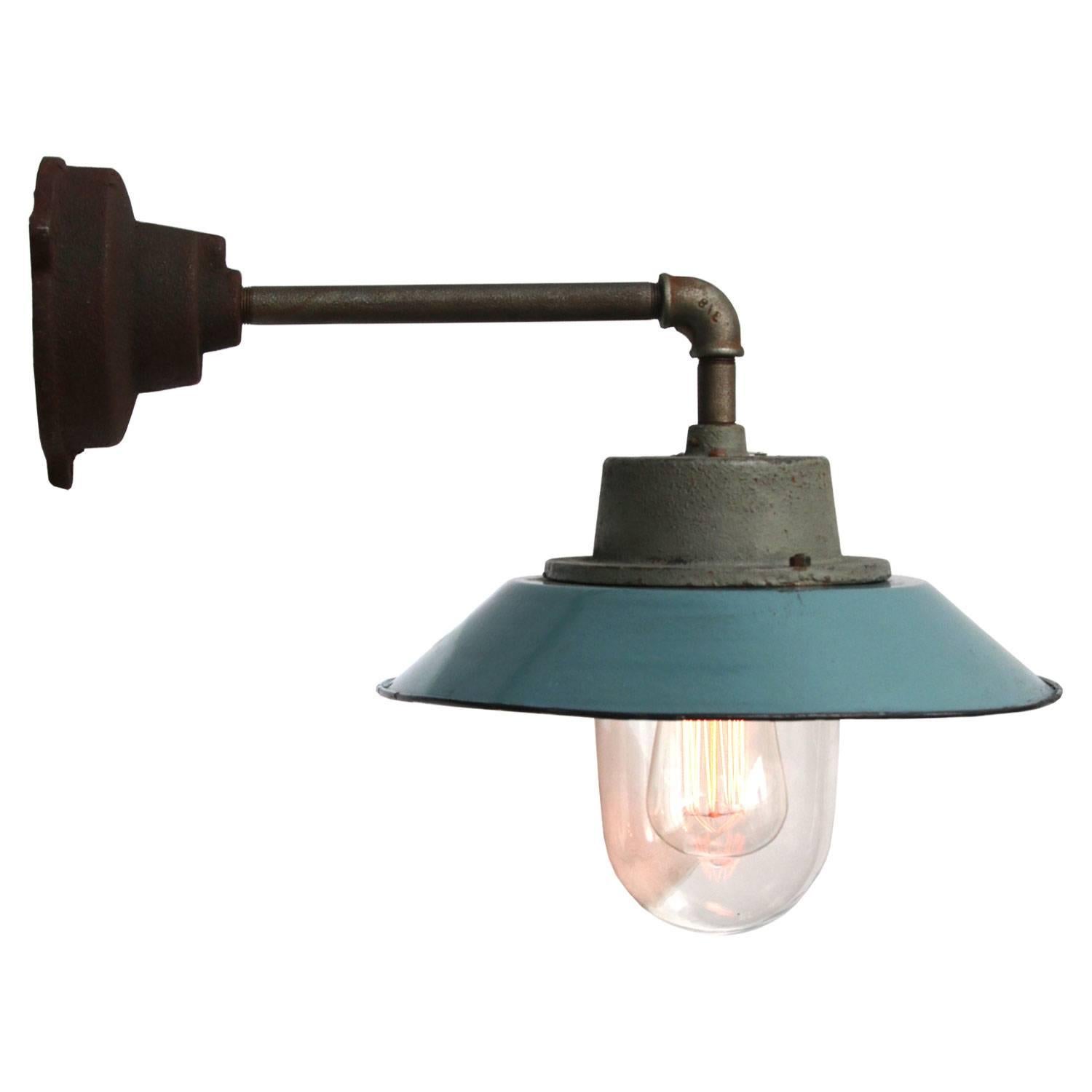 Light Blue Enamel Vintage Industrial Wall Lamp Cast Iron Arm Clear Glass