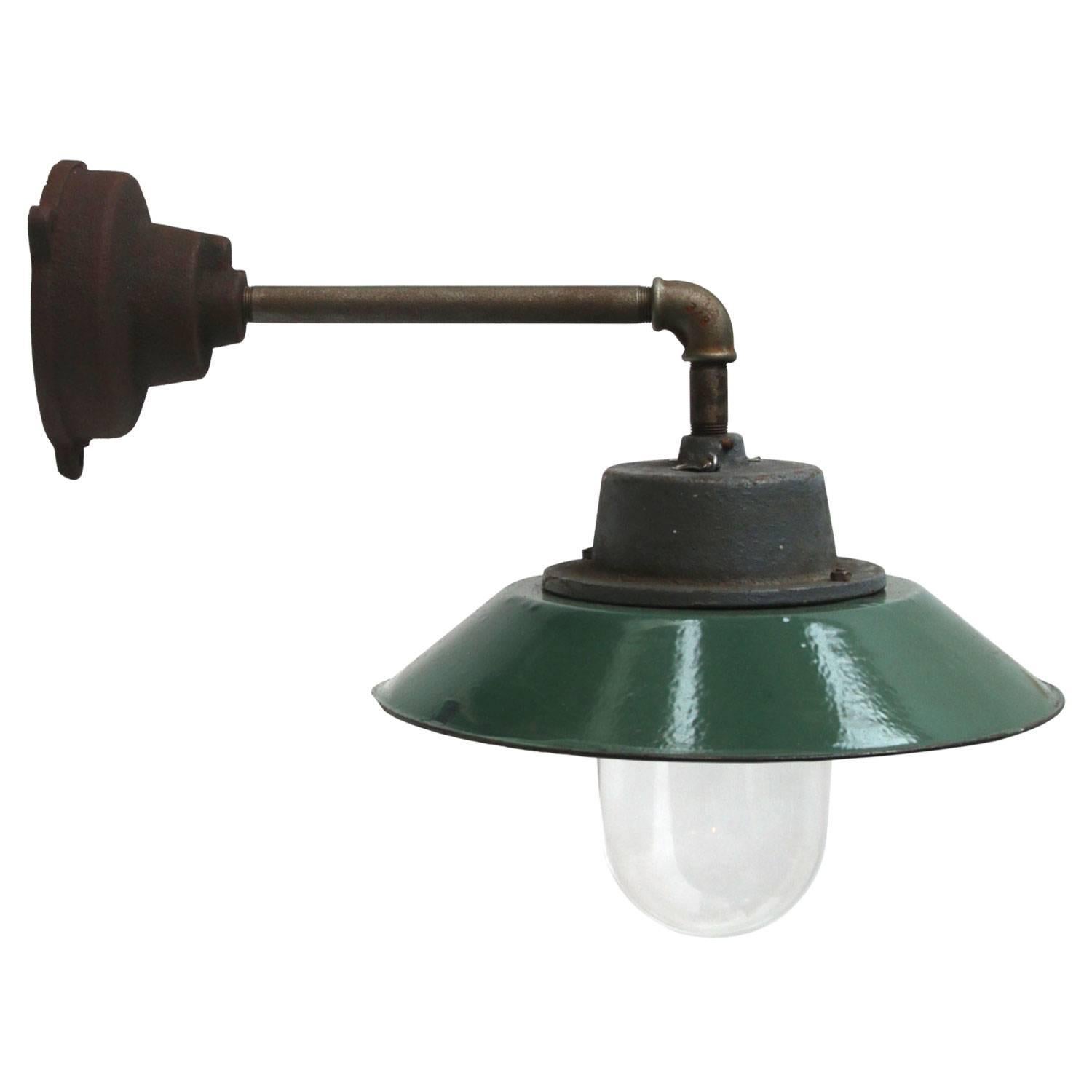 Petrol Enamel Vintage Industrial Wall Lamp Cast Iron Arm Clear Glass