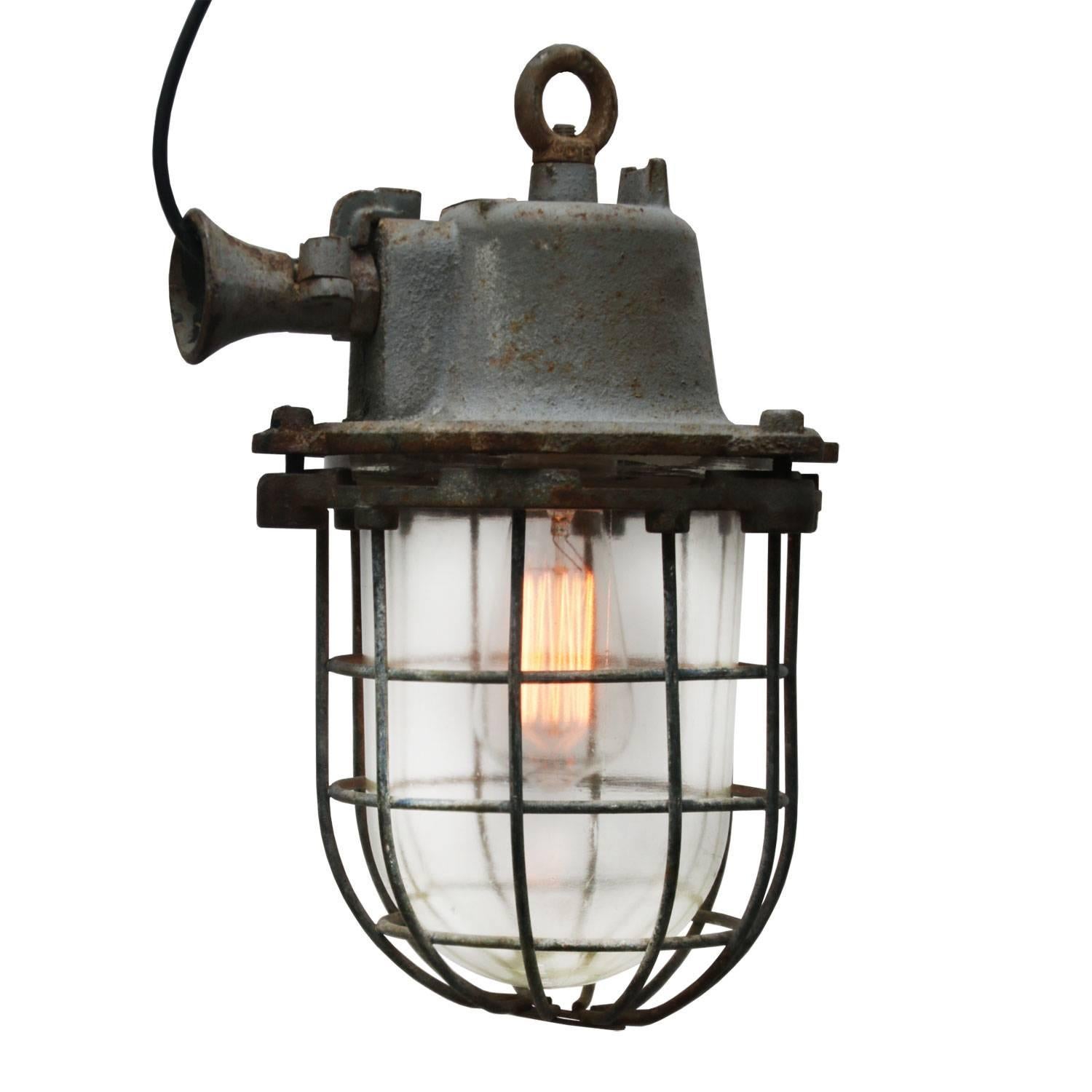Gray Cast Iron Vintage Industrial Clear Glass Cage Lamp In Good Condition In Amsterdam, NL