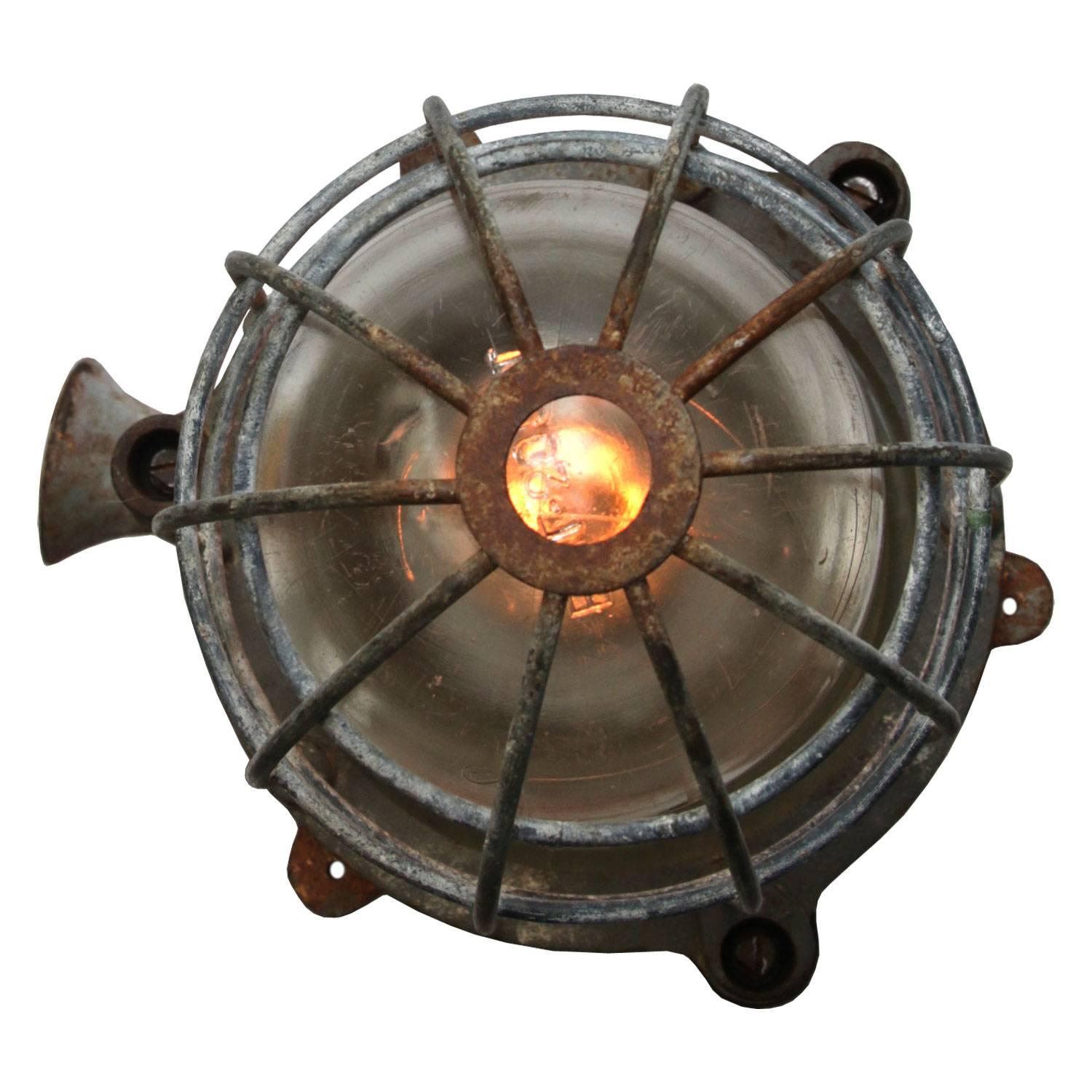 Czech Gray Cast Iron Vintage Industrial Clear Glass Cage Lamp