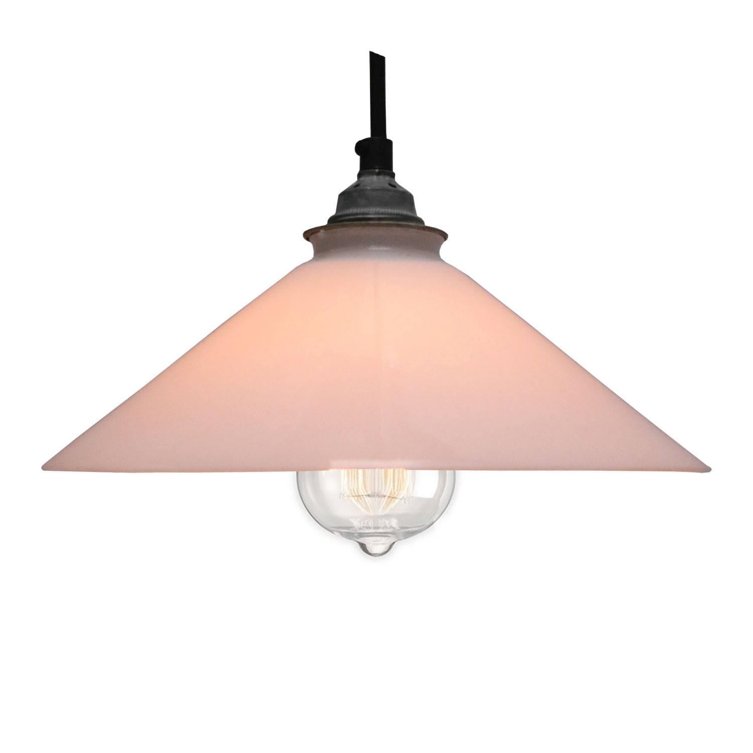 French Opaline glass Industrial pendant. Excluding light bulb.

Measure: Weight 1.0 kg / 2.2 lb

All lamps have been made suitable by international standards for incandescent light bulbs, energy-efficient and LED bulbs. E26/E27 bulb holders and new