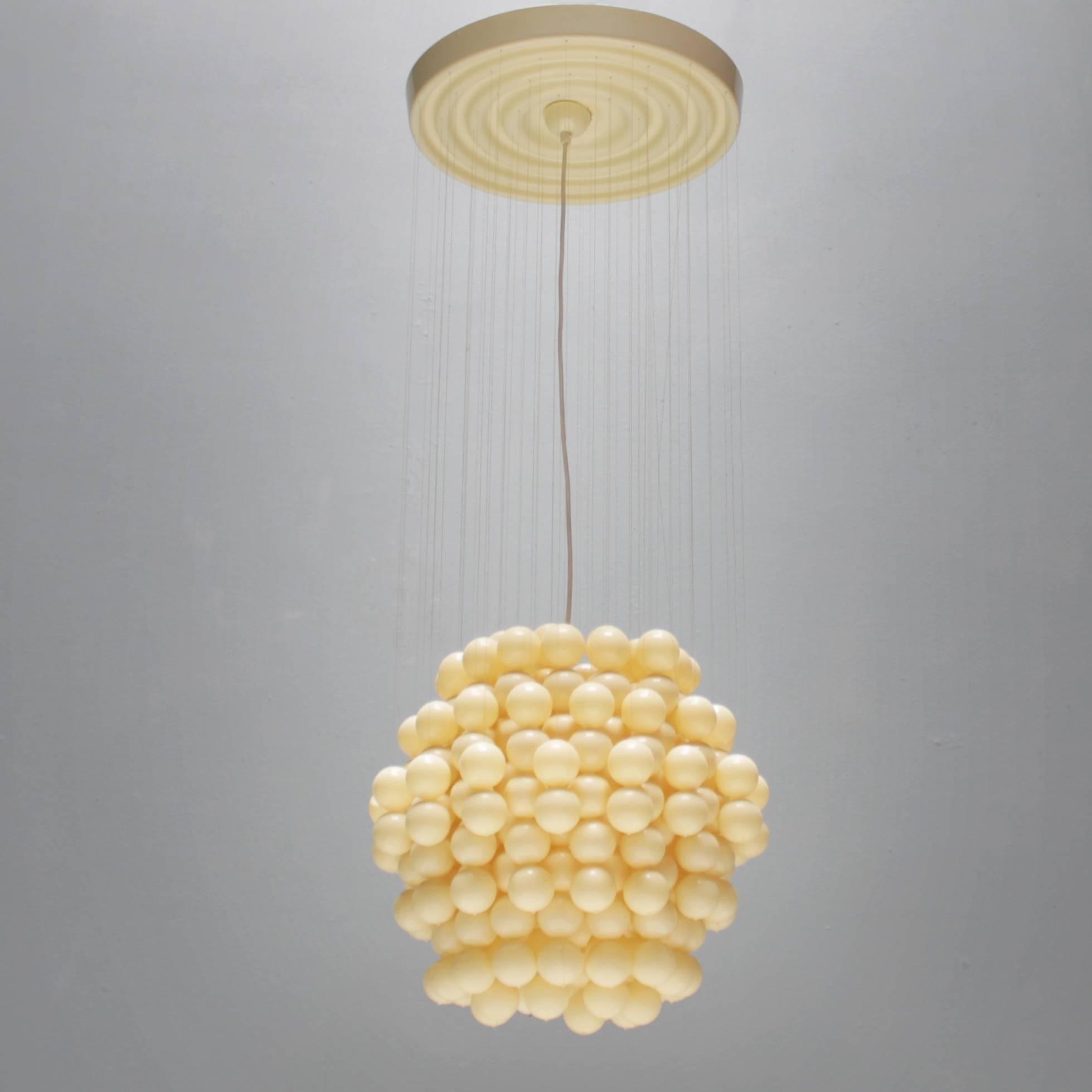 Very rare original 'Kugel-Lamp or Ball Lamp', model: TYP F by the Danish designer Verner Panton. Serial production model in context of Visiona 2, Cologne Furniture Fair, 1970. Design: 1969, production: 1970. White ceiling plate, attached with nylon
