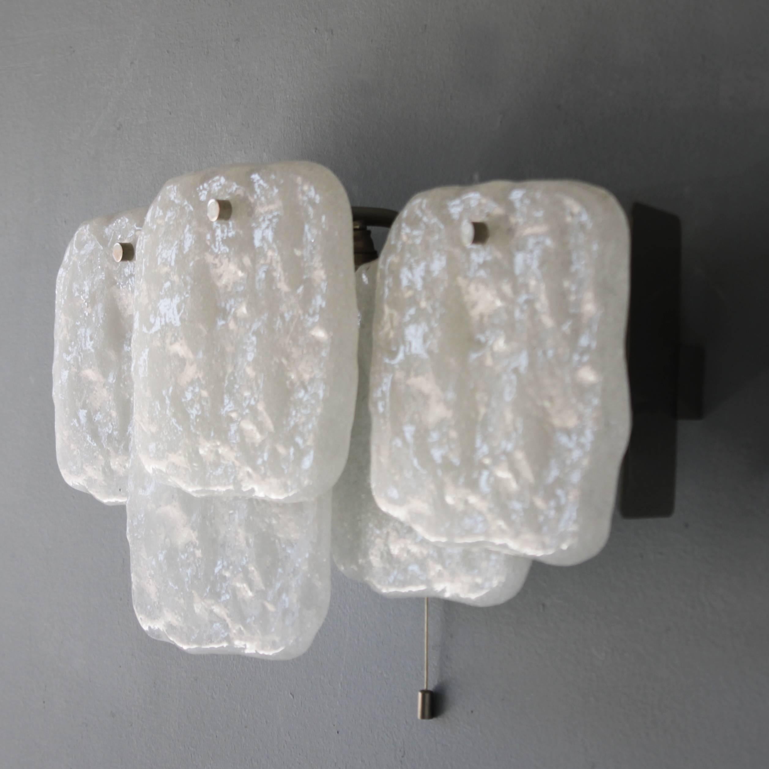 Frosted Pair of J.T. Kalmar Ice Glass Sconces For Sale