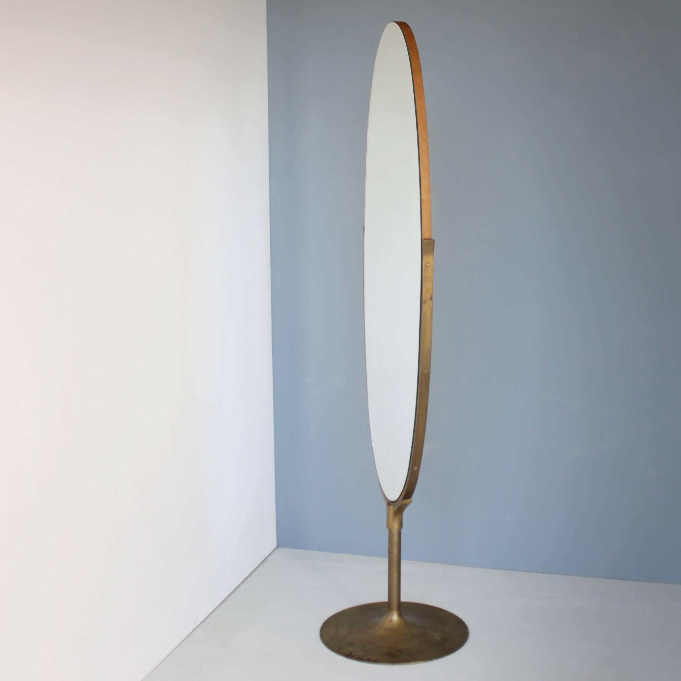 Mid-Century Modern Oval Dressing Mirror with a Brass Frame