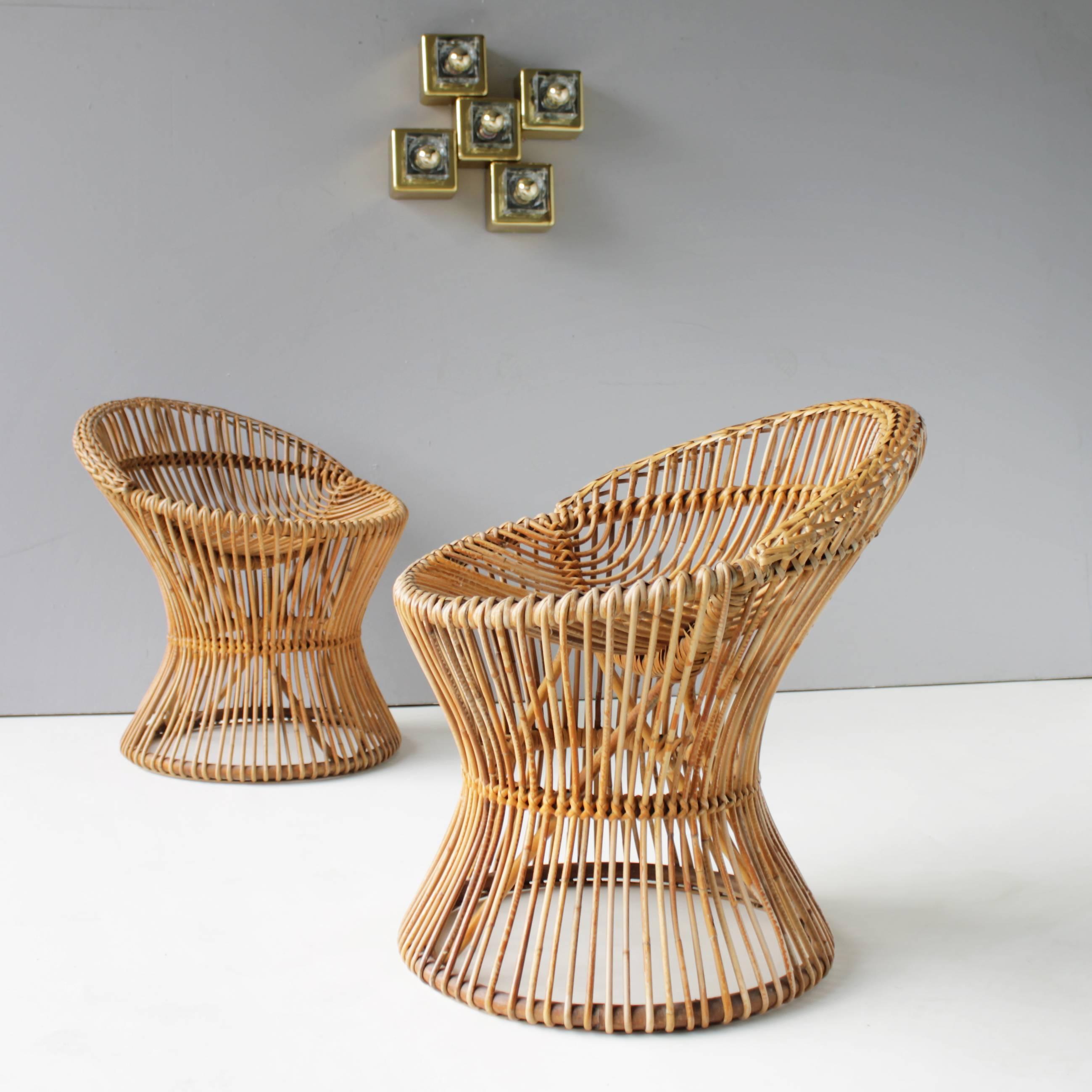 Mid-Century Modern Pair of Rattan Italian Chairs Attributed to Franco Albini