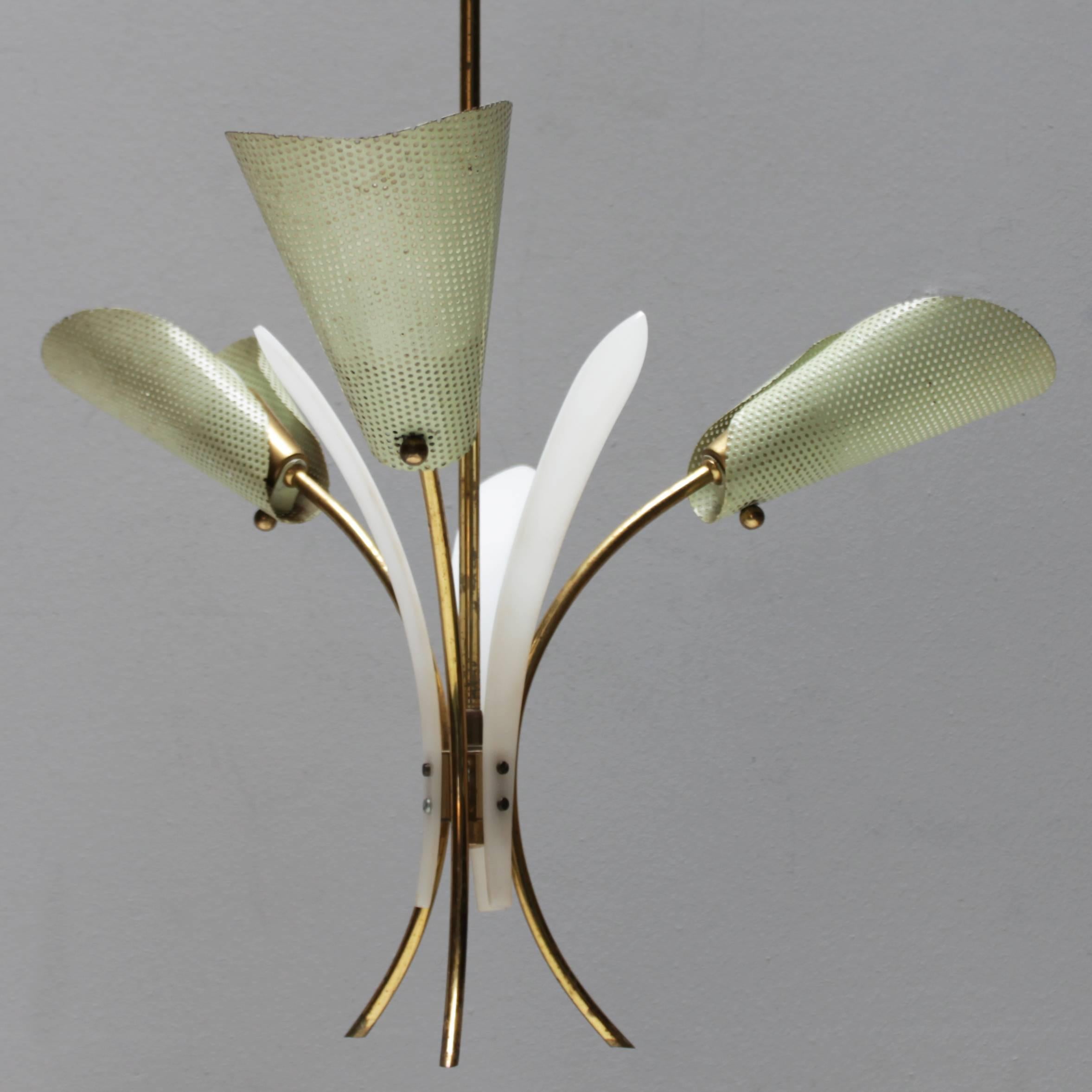 Chandelier in the style of Mathieu Mategot, France. Brass fixture with three mint green perforated shades and three white acrylic leafs. Good vintage condition. Measurements: height from ceiling till drop: 33.5 in. (85 cm), length rod 15.7 in. (40