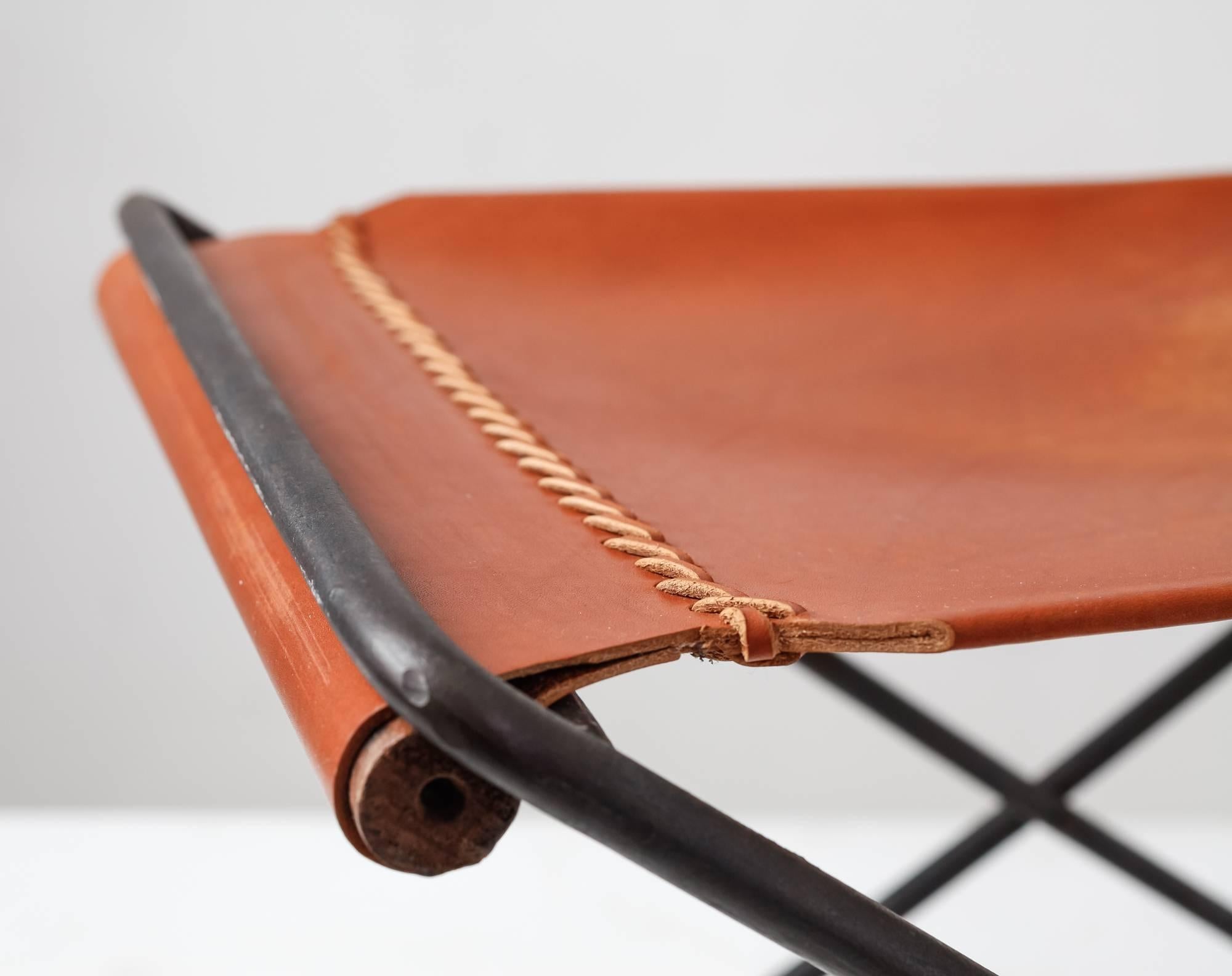 American  Leather and Iron Folding Stool in the style of Cleo Baldon, California, 1960s For Sale