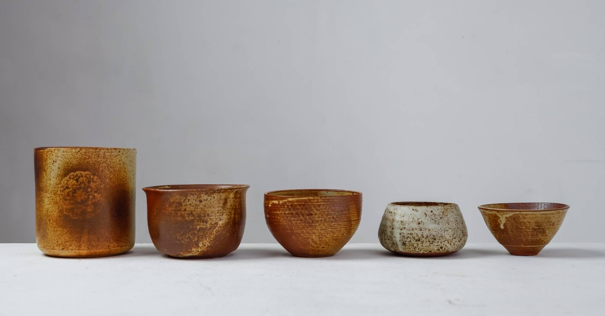 Mid-Century Modern Franco Agnese Set of Five Ceramic Earth Tone Bowls, France, 1960s